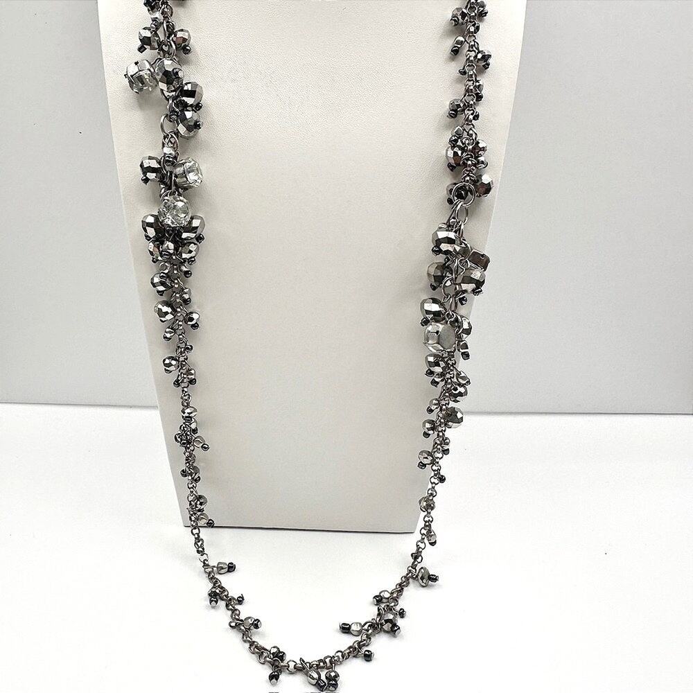 Vintage Long Strand Necklace Hematite Tone Gunmetal Crystal Shimmer Cluster Y2K